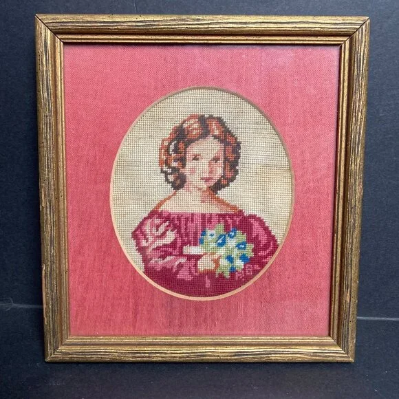 Unbranded | Art | Vintage Framed Petit Point Needlepoint Girl Portrait ...